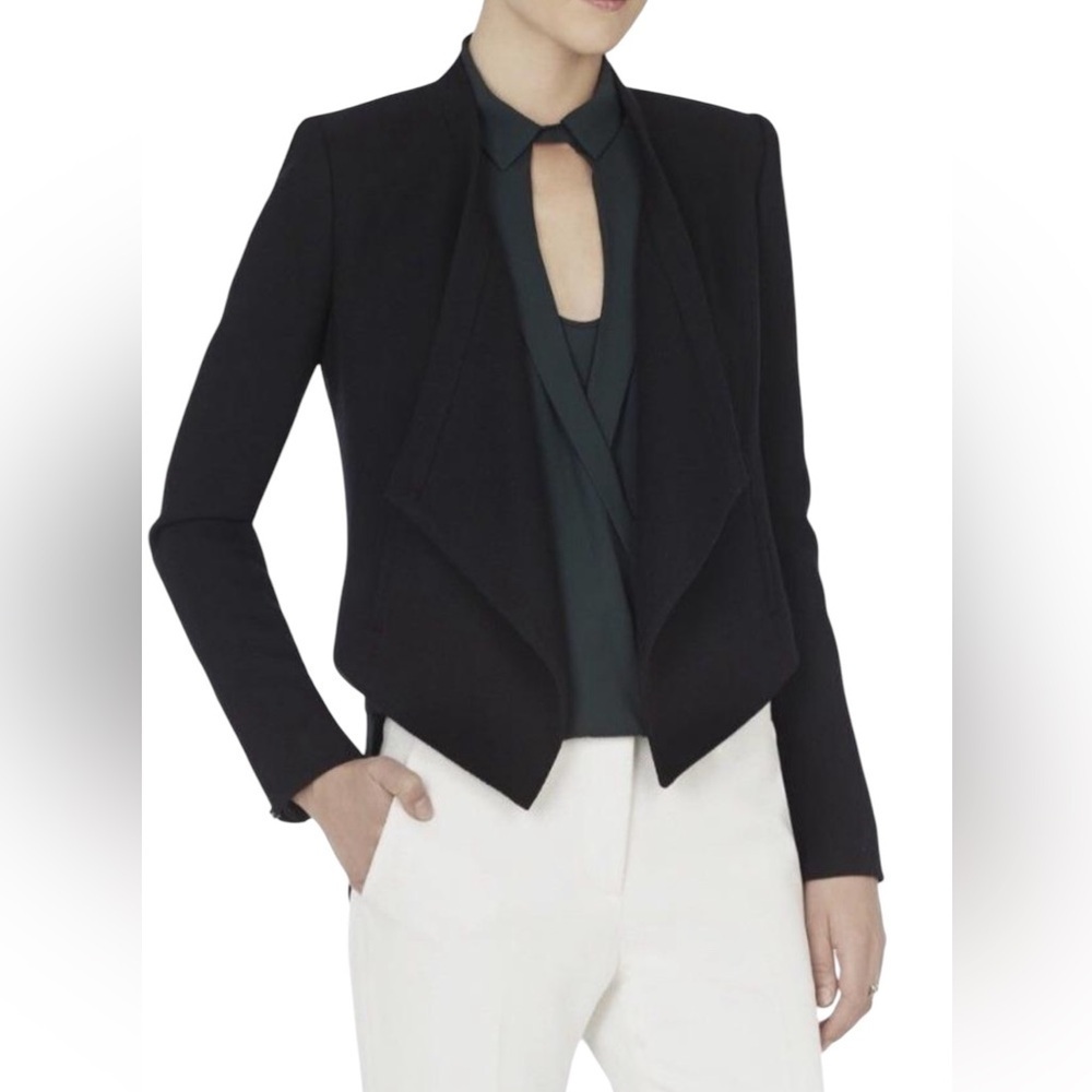 BCBGMAXAZRIA Abbey Blazer Jacket Black Asymmetrical Open-Front Crop S